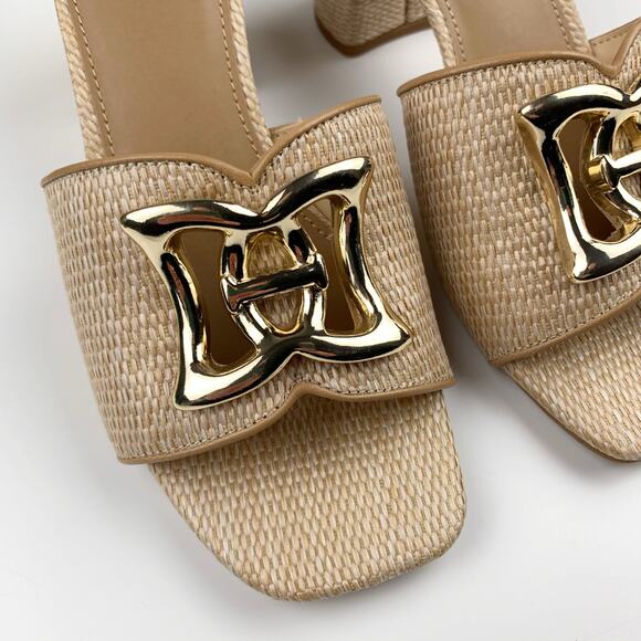 A New Day Arden Sandals Tan Raffia Ornamented Block Heels Women's 6.5 - Picture 4 of 10